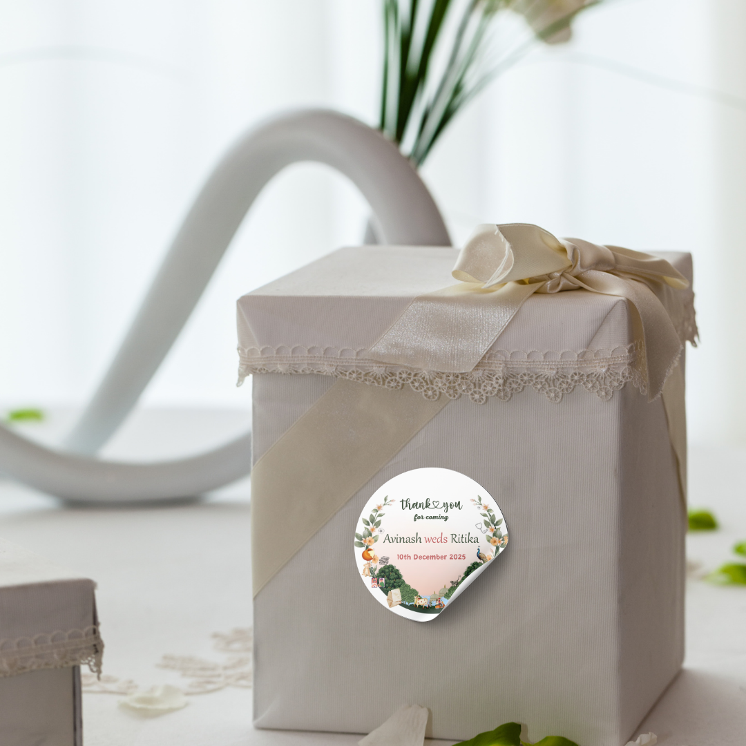 Designer Ethnic Wedding Sticker - Customized Text for Invites & Gifts