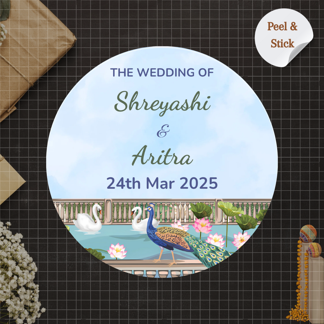 Blue Pichwai Theme Wedding Sticker - Customized Text