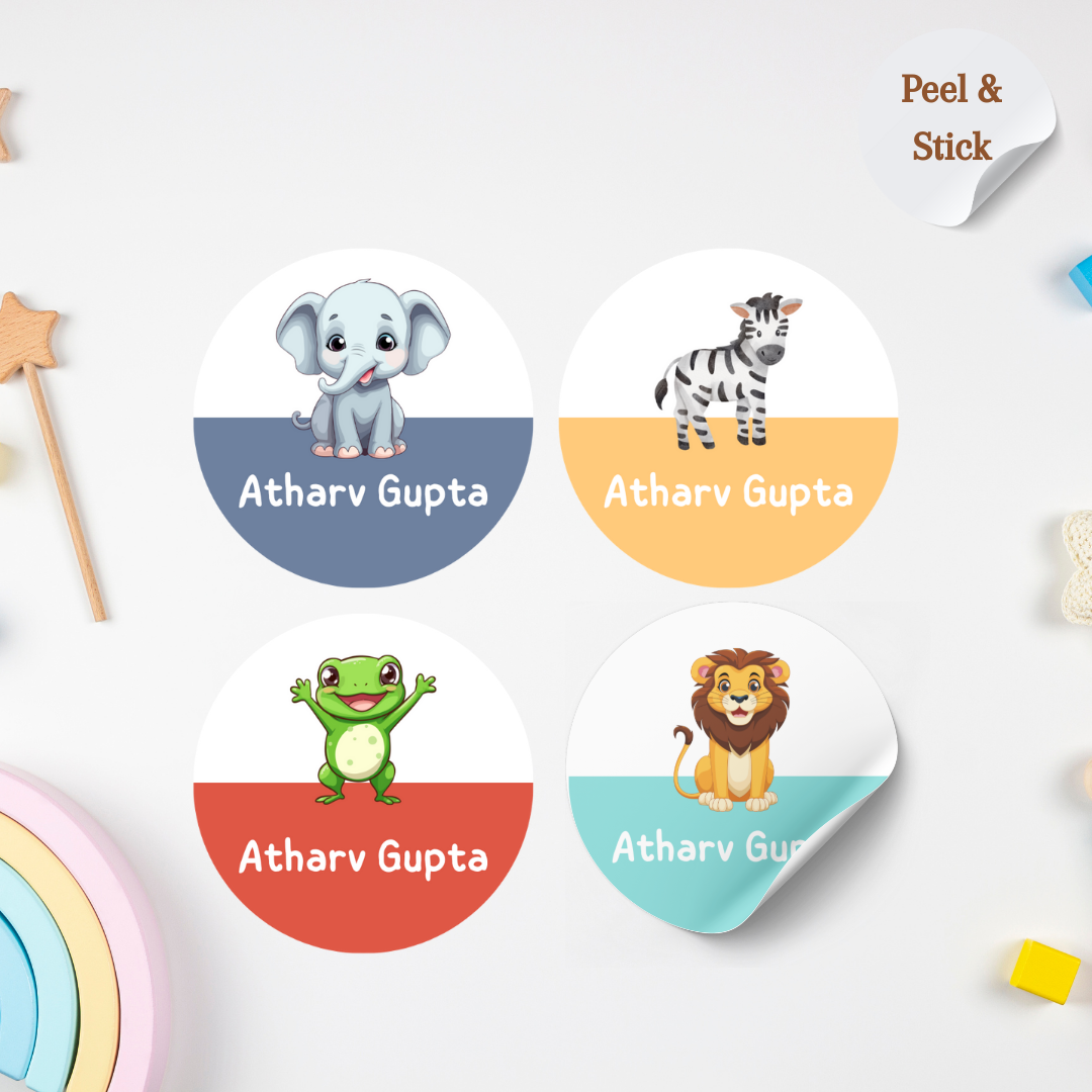 Animal Pastel Theme Personalised Kids Name Round Sticker