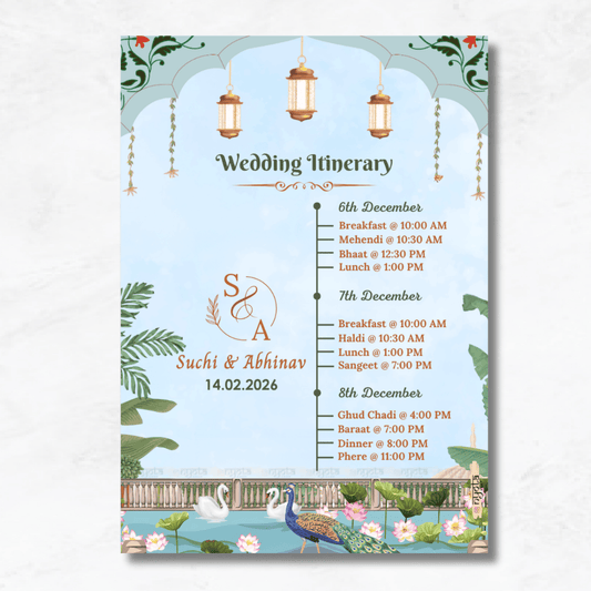 Blue Pichwai Theme Wedding Itinerary Card