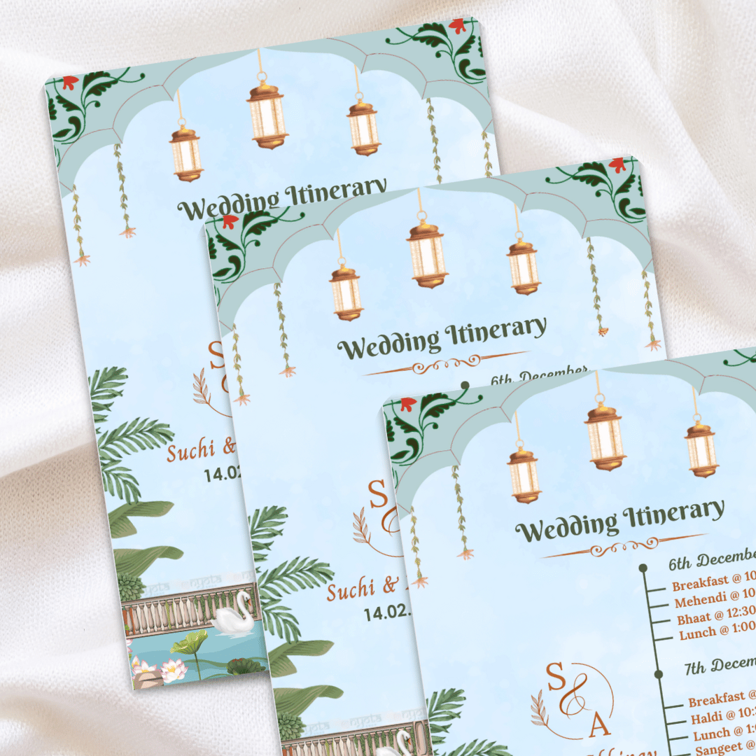Blue Pichwai Theme Wedding Itinerary Card