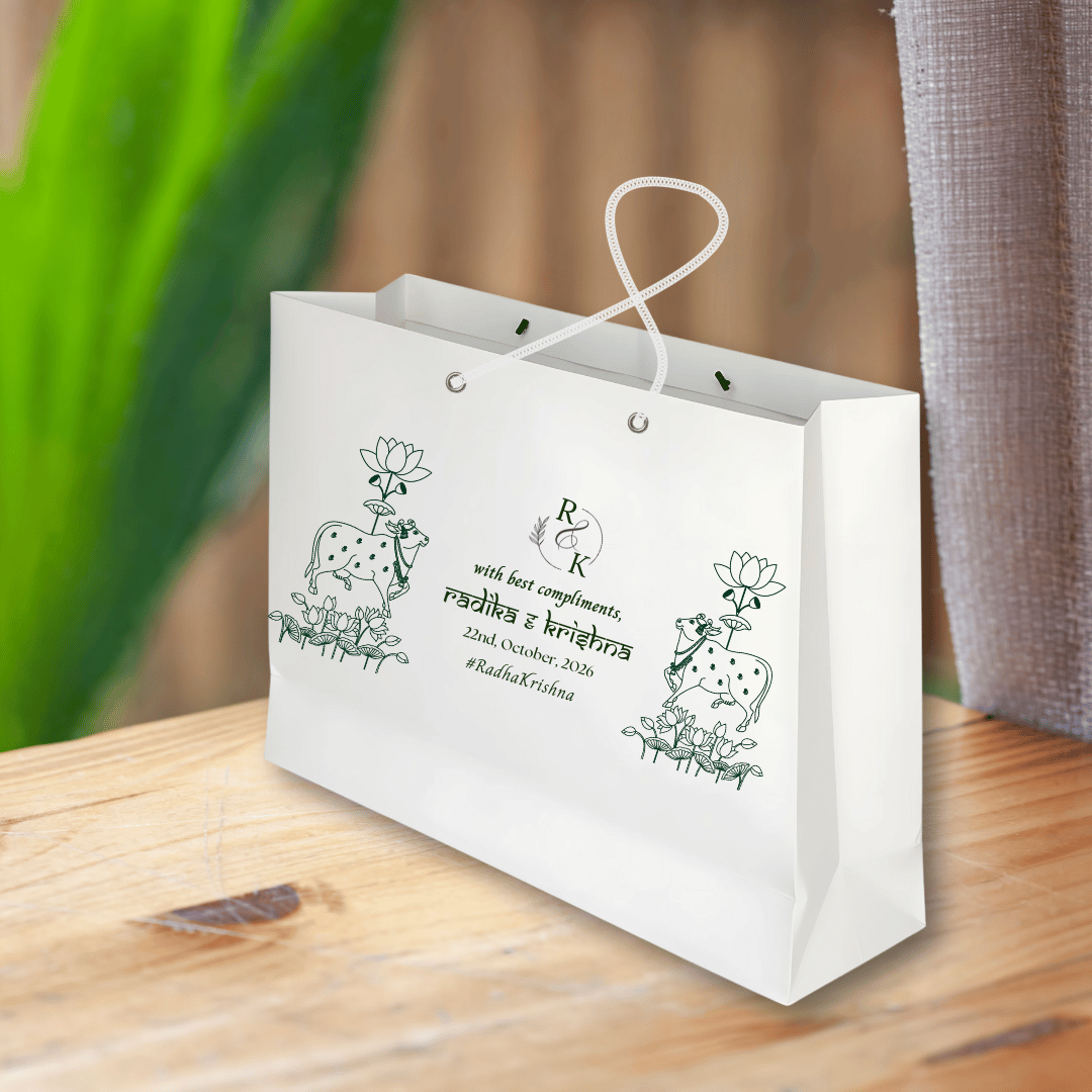 Green Pichwai Theme Customised Printed Paper Bag - LUXE
