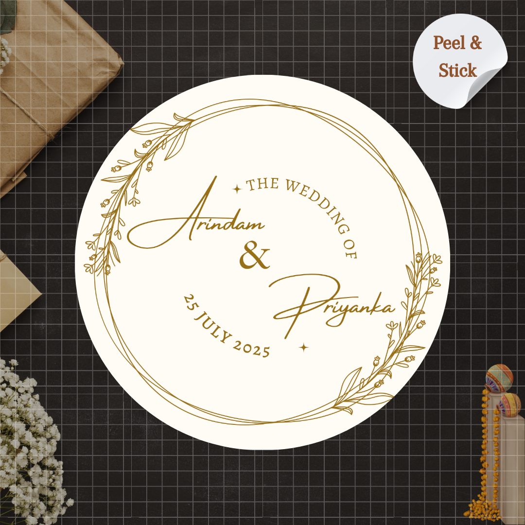 Aesthetic Golden Breeze Wedding Sticker - Customized Text for Invites & Gifts