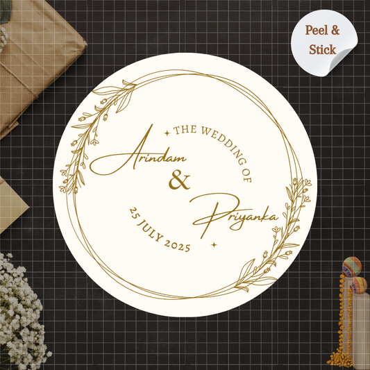 Aesthetic Golden Breeze Wedding Sticker - Customized Text for Invites & Gifts