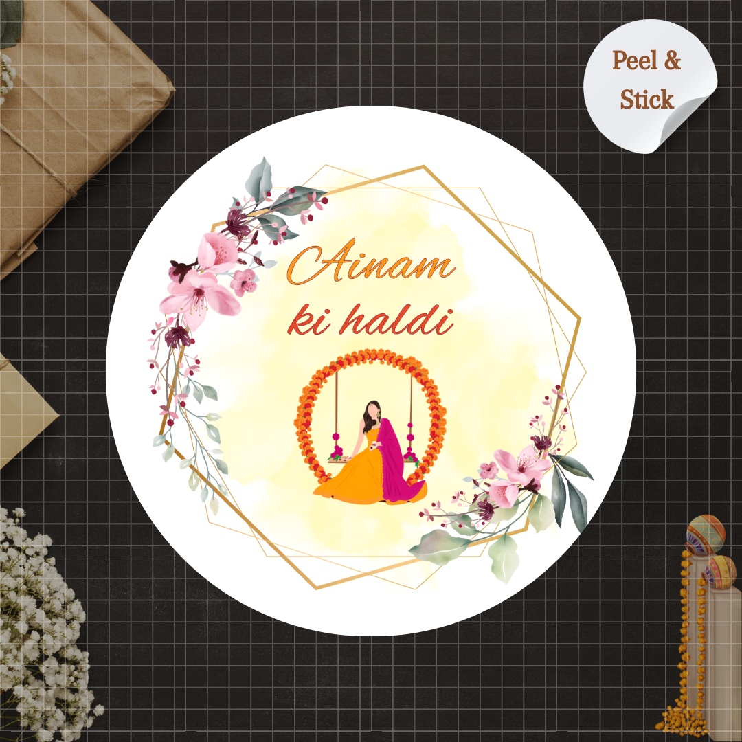 Elegant Floral Haldi Wedding Stickers – Custom Name Stickers for Wedding Invites & Gifts