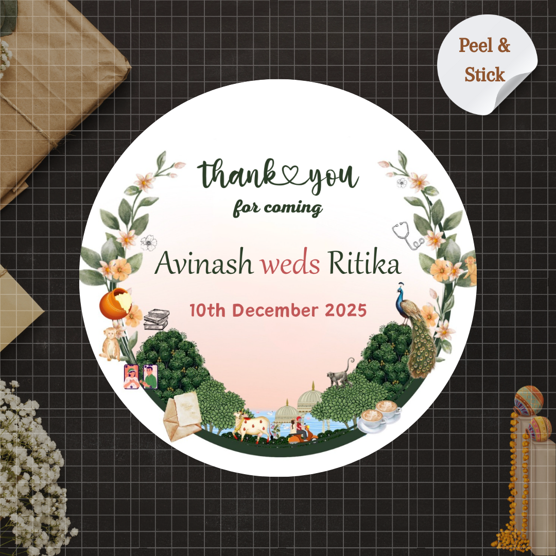 Designer Ethnic Wedding Sticker - Customized Text for Invites & Gifts