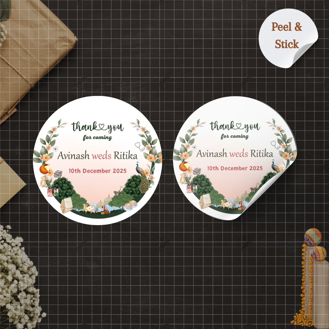 Designer Ethnic Wedding Sticker - Customized Text for Invites & Gifts
