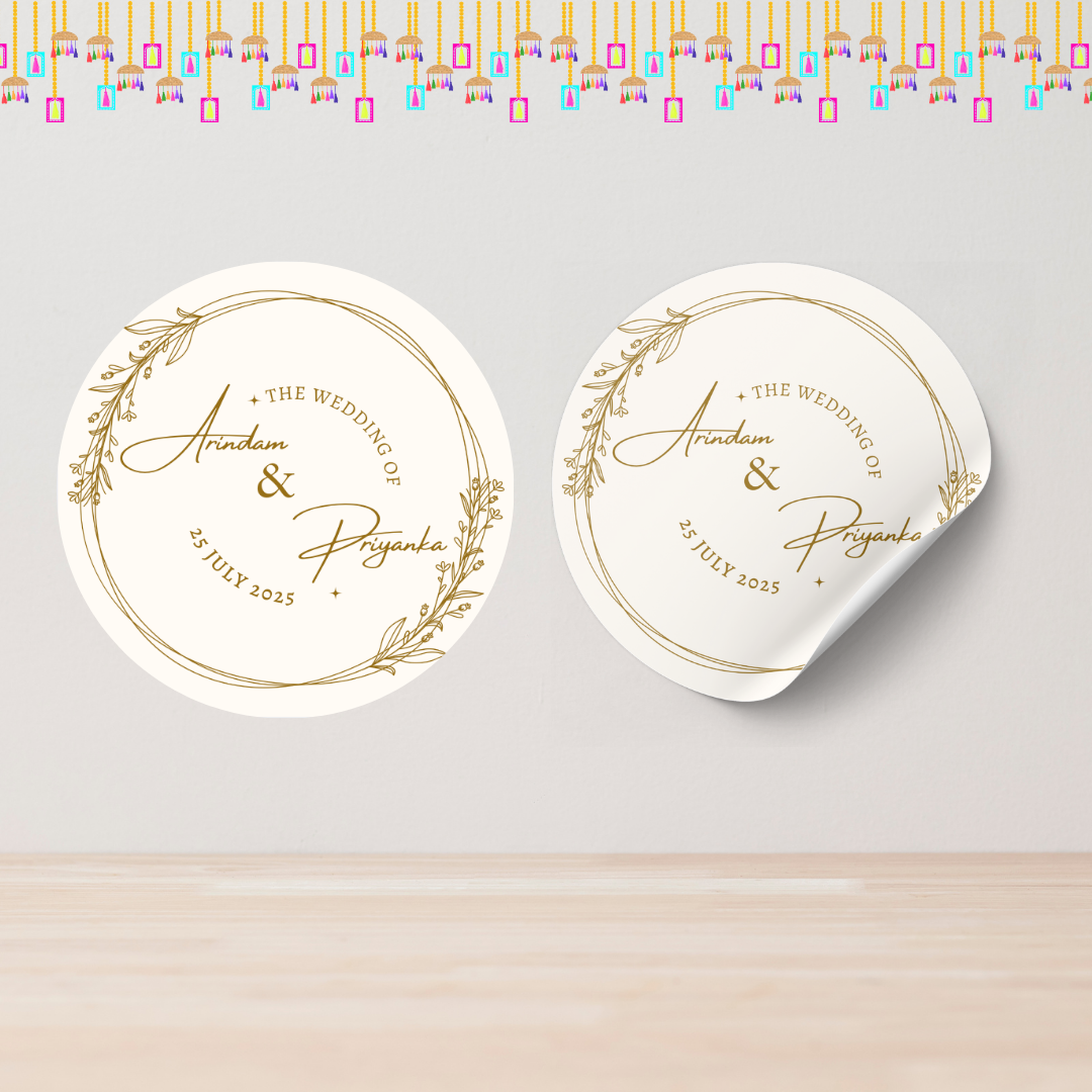 Aesthetic Golden Breeze Wedding Sticker - Customized Text for Invites & Gifts
