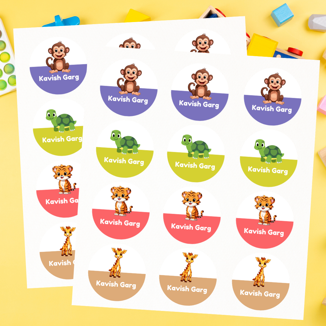 Animal Theme Personalised Kids Name Round Sticker