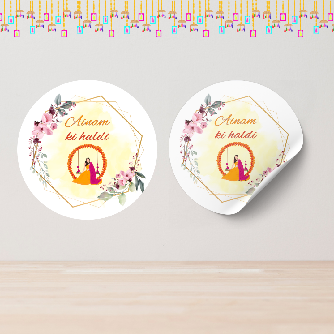 Elegant Floral Haldi Wedding Stickers – Custom Name Stickers for Wedding Invites & Gifts