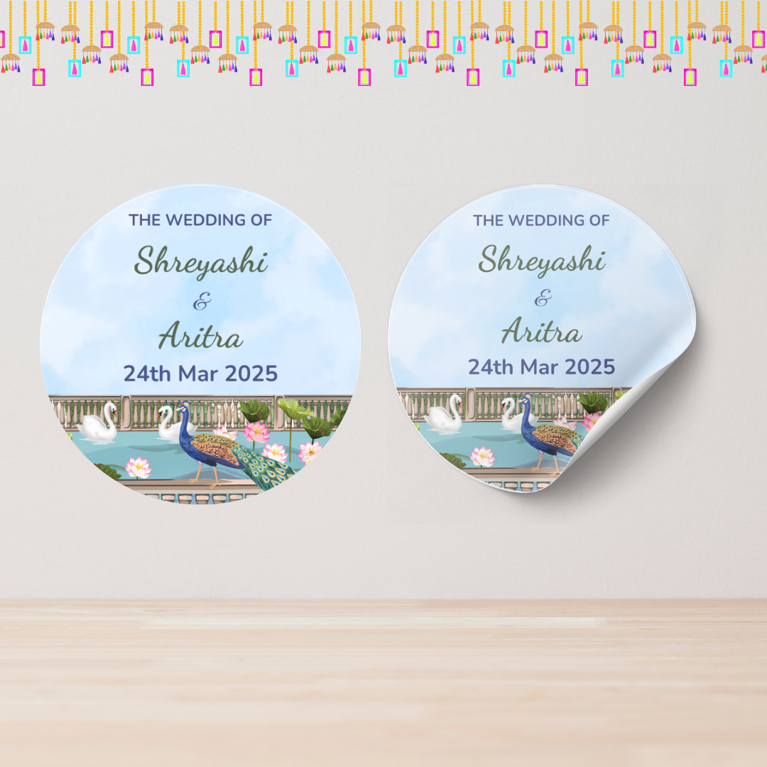 Blue Pichwai Theme Wedding Sticker - Customized Text