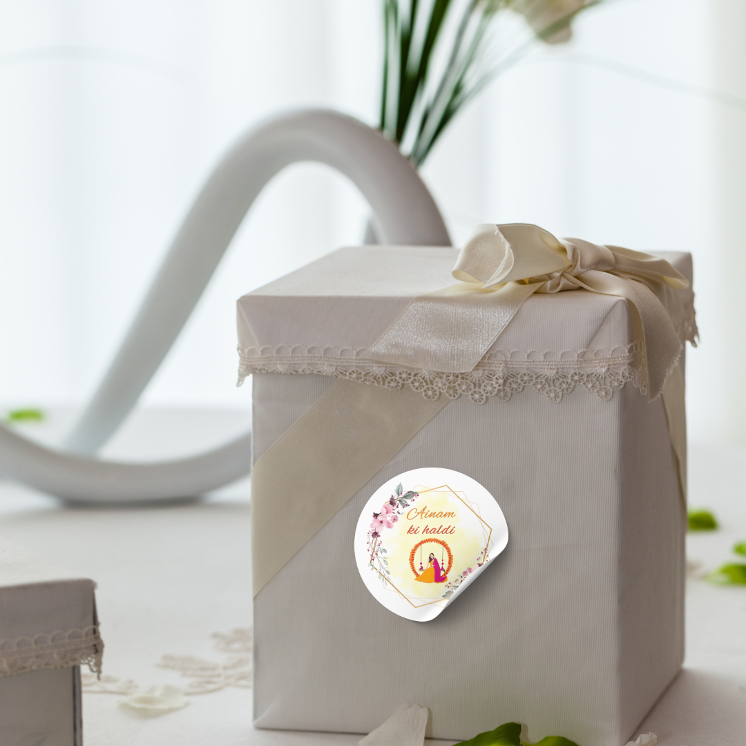 Elegant Floral Haldi Wedding Stickers – Custom Name Stickers for Wedding Invites & Gifts