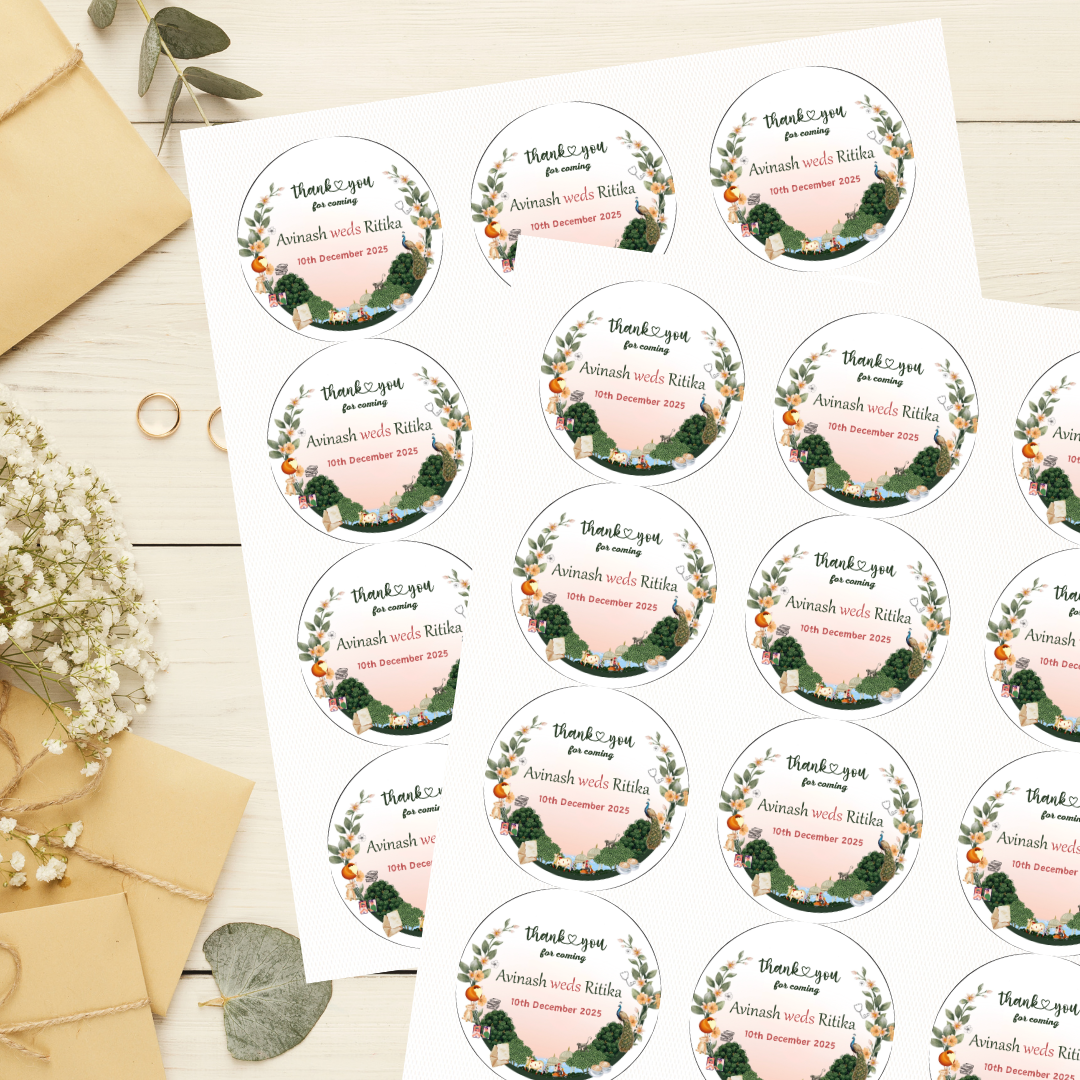 Designer Ethnic Wedding Sticker - Customized Text for Invites & Gifts