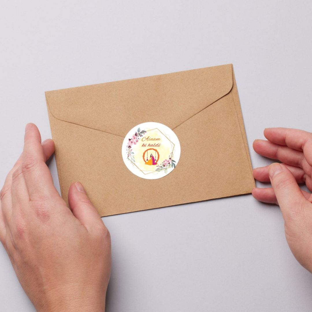 Elegant Floral Haldi Wedding Stickers – Custom Name Stickers for Wedding Invites & Gifts