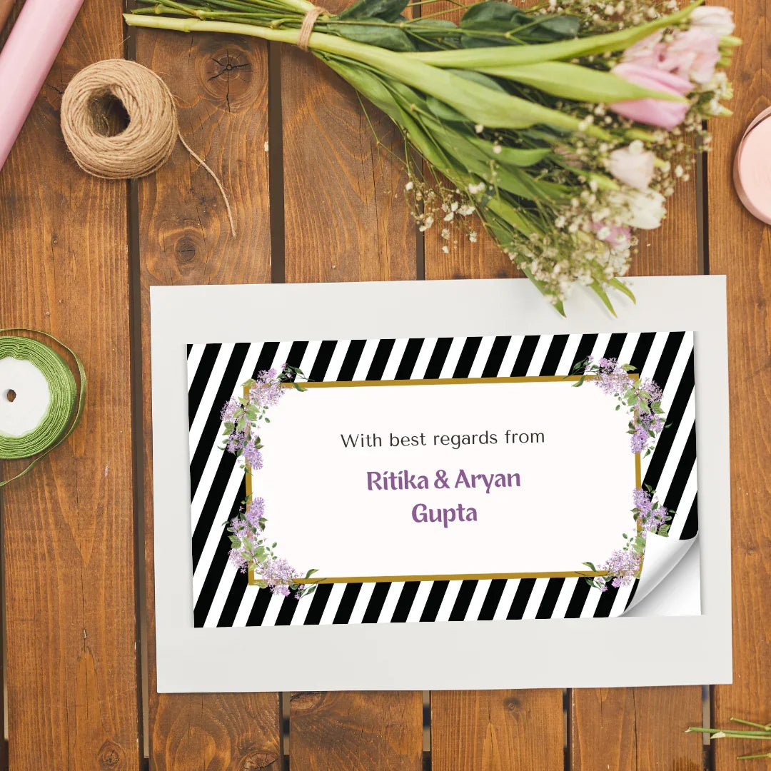 Black and White Striped Floral Personalised Gift Sticker