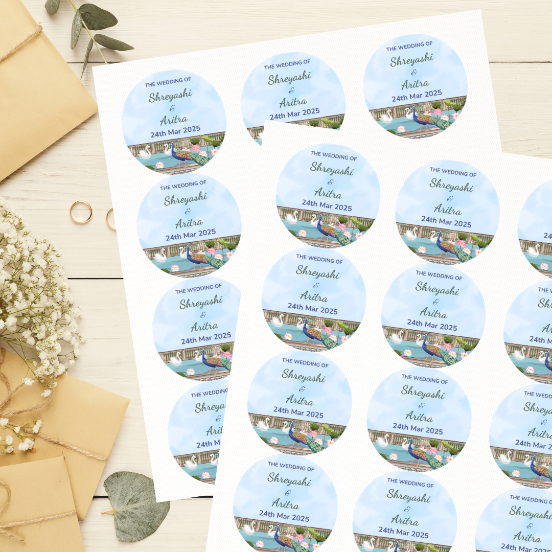 Blue Pichwai Theme Wedding Sticker - Customized Text
