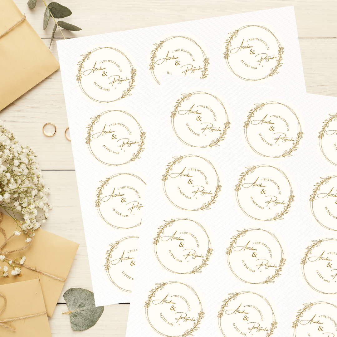 Aesthetic Golden Breeze Wedding Sticker - Customized Text for Invites & Gifts