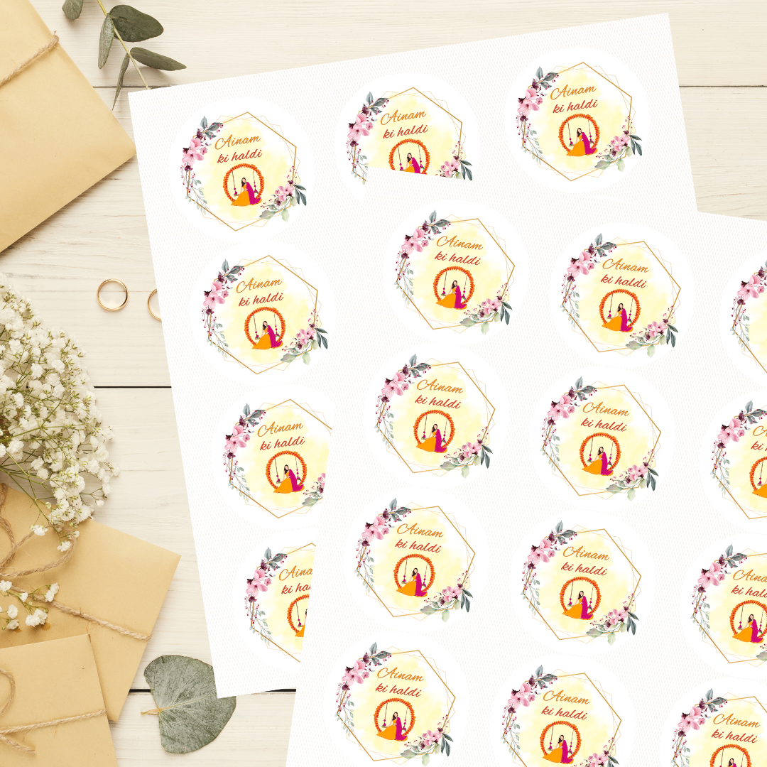 Elegant Floral Haldi Wedding Stickers – Custom Name Stickers for Wedding Invites & Gifts
