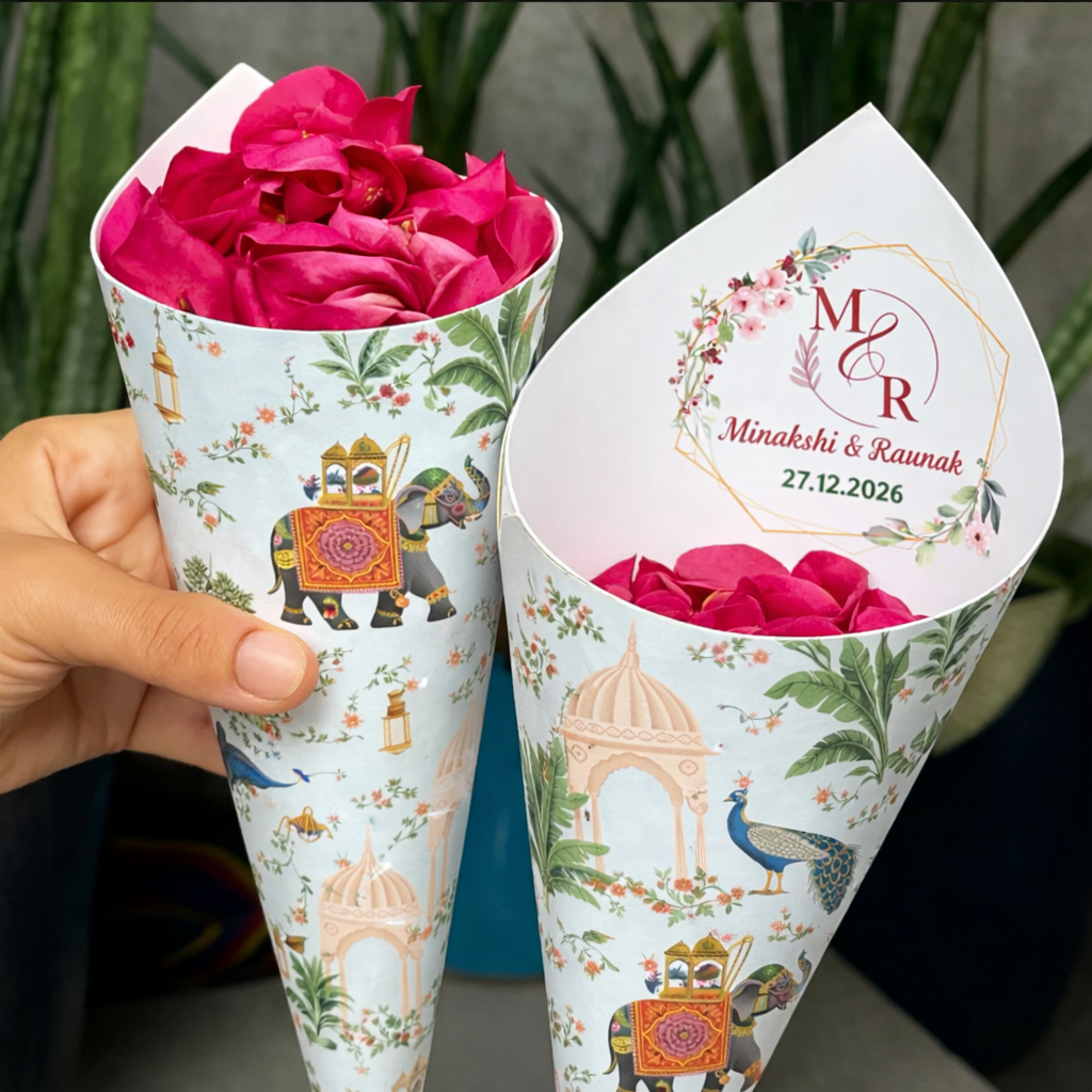Blue Pichwai Theme Wedding Petal Cones
