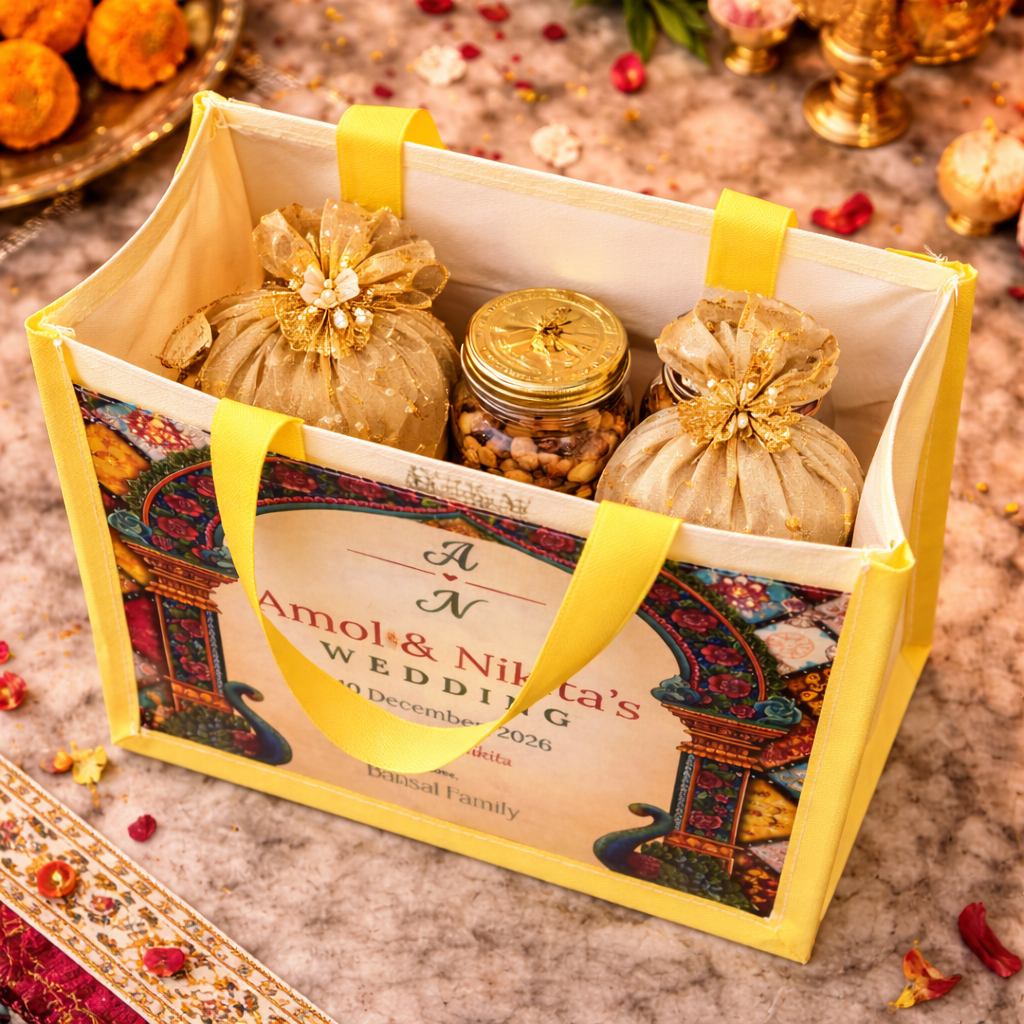 Personalized Wedding Gift Bag Royal Mandap Theme | Premium Return Gift Hamper Bag for Indian Weddings