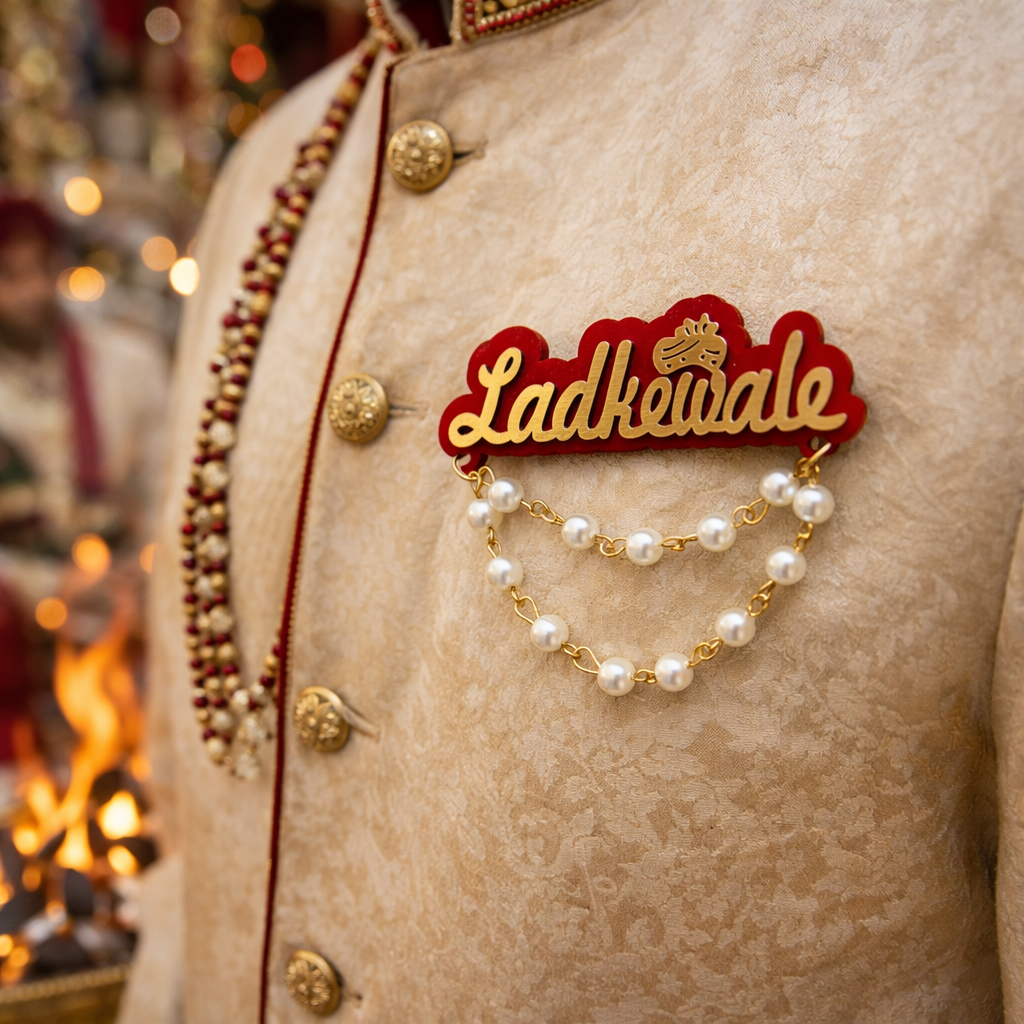 Ladkewale Wedding Badge Brooch – Indian Wedding Ladke Wale Badge with Pearl Chain