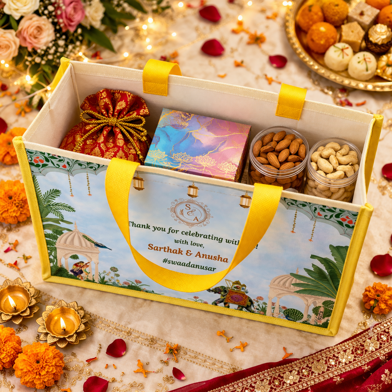 Personalized Wedding Gift Bag Blue Pichwai Theme | Premium Return Gift Hamper Bag for Indian Weddings