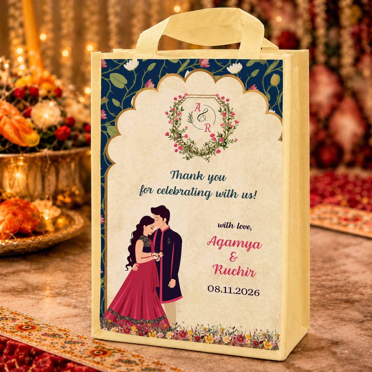 Personalized Wedding Gift Bag | Indian Wedding Royal Return Gift Bag with Couple Names & Date
