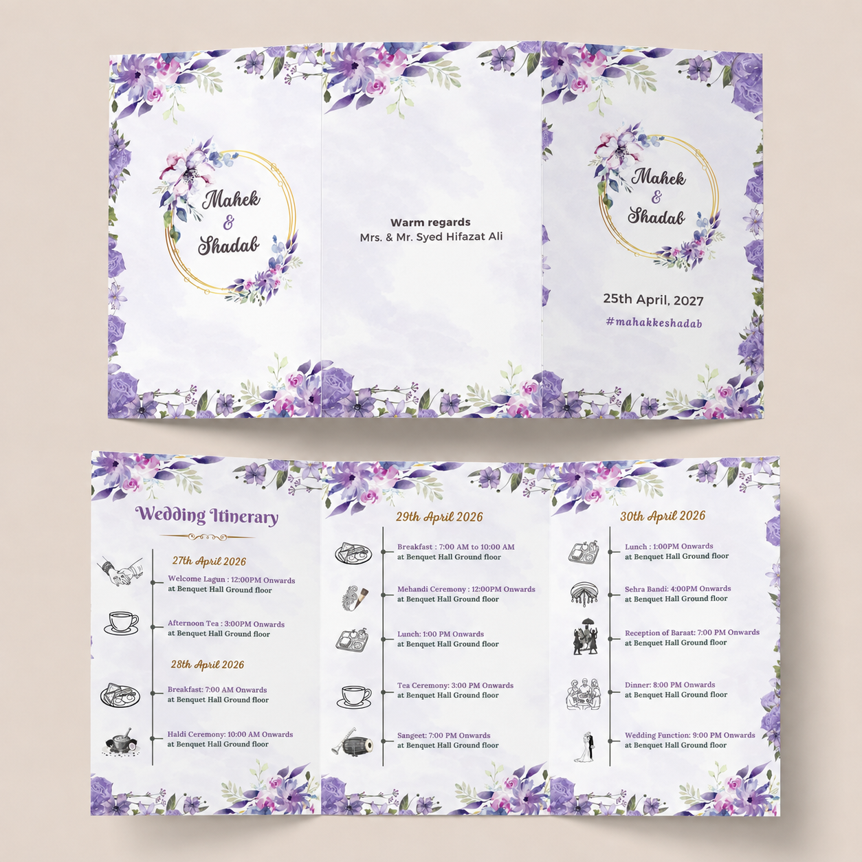 NYOTA Purple Floral Theme Tri-Fold Wedding Itinerary Card | Personalized Wedding Schedule Card | Elegant Floral Wedding Stationery | Custom Indian Wedding Program