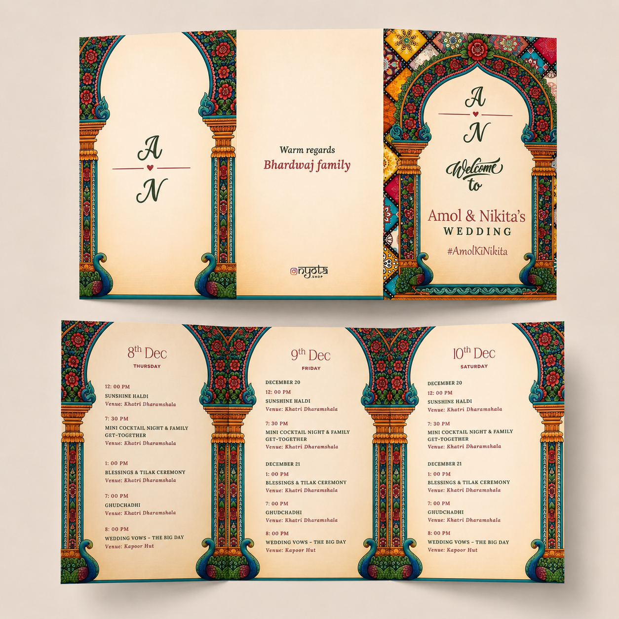 NYOTA Royal Mandap Theme Tri-Fold Wedding Itinerary Card | Personalized Indian Wedding Schedule Card | Luxury Wedding Stationery | Custom Wedding Program