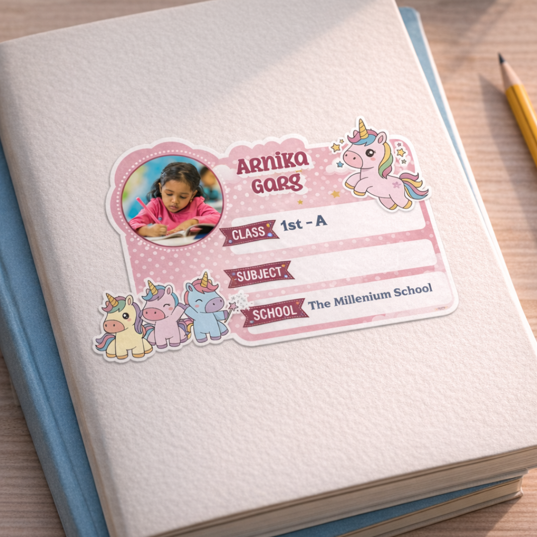 Personalized Unicorn School Name Slip Sticker with Photo | Custom Notebook Label for Kids