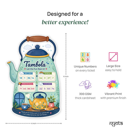 Nyota Tea Kettle Theme Tambola Tickets | Monsoon Chai Housie Bingo Game Cards | Party Game for Kitty Party, Birthday, Family Game Night & Monsoon Celebration