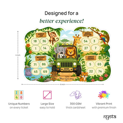 Nyota Jungle Theme Tambola Tickets | Safari Adventure Housie Bingo Game Cards | Party Game for Kids Birthday, Jungle Party, Family Game Night & School Activities