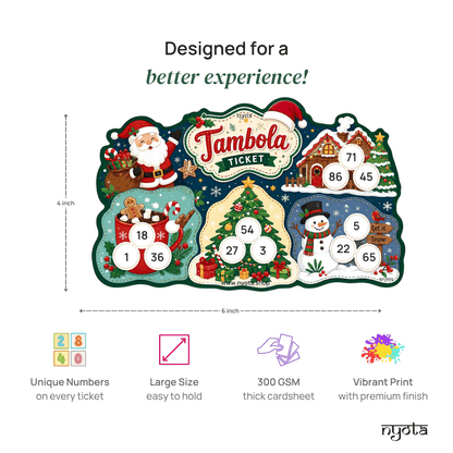 Christmas Tambola Tickets – Premium Xmas Theme Housie Game Cards for Christmas Party, Secret Santa, Winter Celebration & Family Game Night