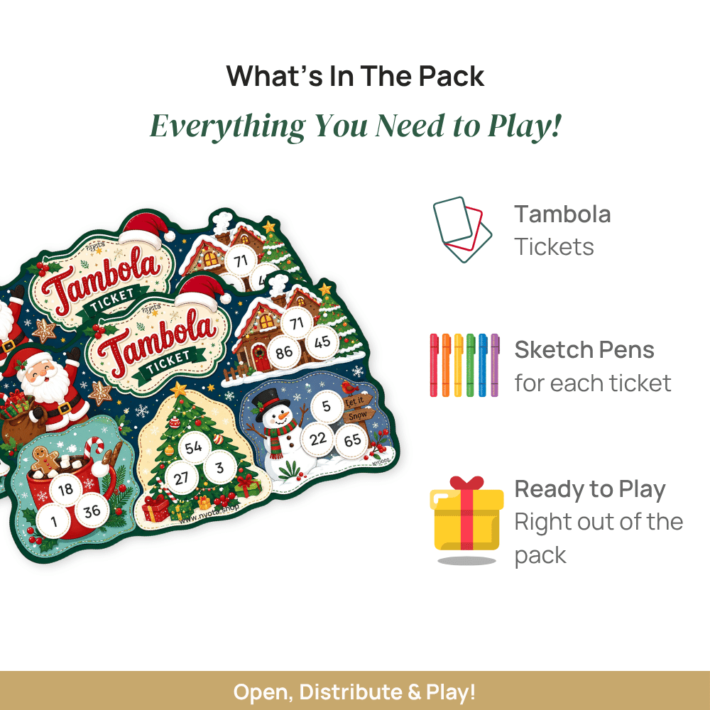 Christmas Tambola Tickets – Premium Xmas Theme Housie Game Cards for Christmas Party, Secret Santa, Winter Celebration & Family Game Night