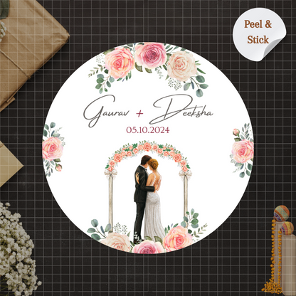 Elegant Floral Wedding Sticker - Customizable Name and Date