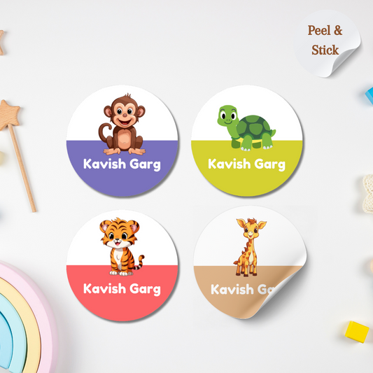 Animal Theme Personalised Kids Name Round Sticker