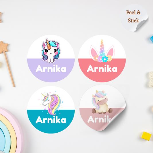 Unicorn Theme Personalised Kids Name Round Sticker