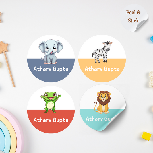 Animal Pastel Theme Personalised Kids Name Round Sticker