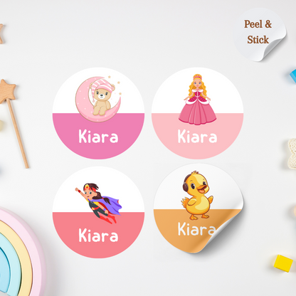 Girl Theme Personalised Kids Name Round Sticker