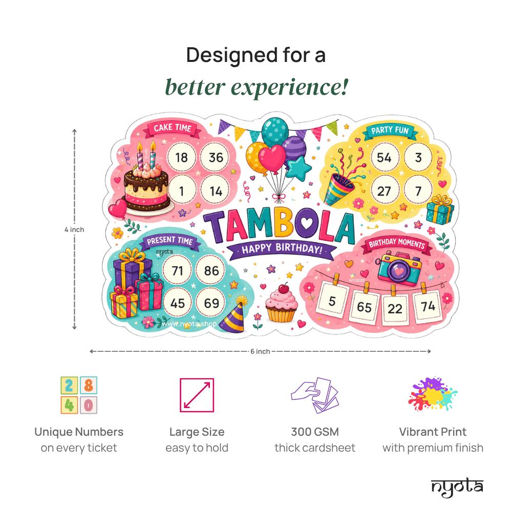 Happy Birthday Tambola Tickets – Premium Birthday Theme Housie Game Cards for Kids Birthday, Adults Birthday, Return Gifts & Party Games