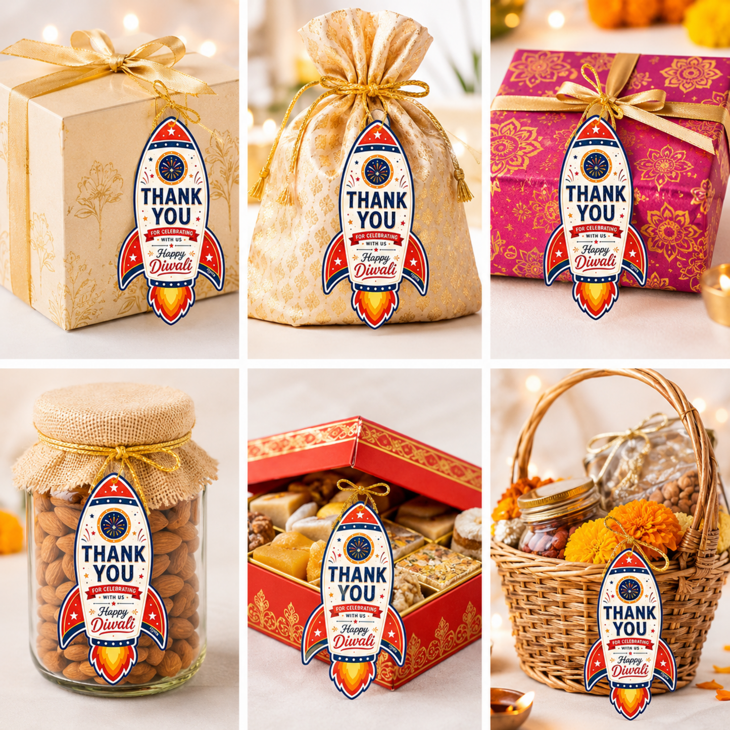 NYOTA Diwali Rocket Gift Tags with Golden Thread