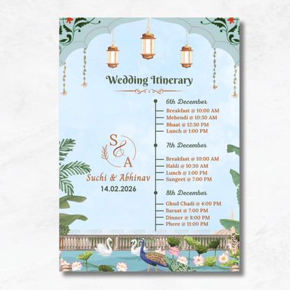 Blue Pichwai Theme Wedding Itinerary Card