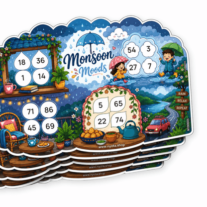 Monsoon Moods Tambola Tickets – Premium Rain Theme Housie Game Cards for Monsoon Party, Rainy Day Activities, Birthday, School & Family Gatherings