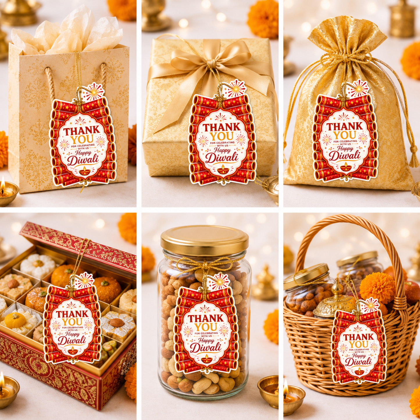 NYOTA Diwali Firecracker Gift Tags Golden Thread