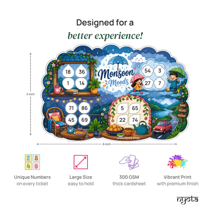 Monsoon Moods Tambola Tickets – Premium Rain Theme Housie Game Cards for Monsoon Party, Rainy Day Activities, Birthday, School & Family Gatherings