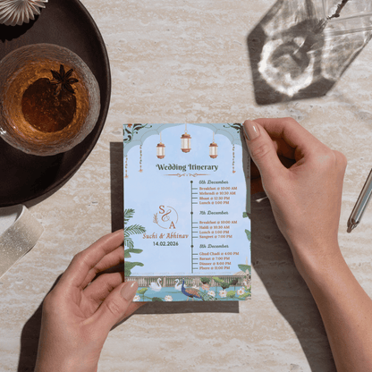 Blue Pichwai Theme Wedding Itinerary Card