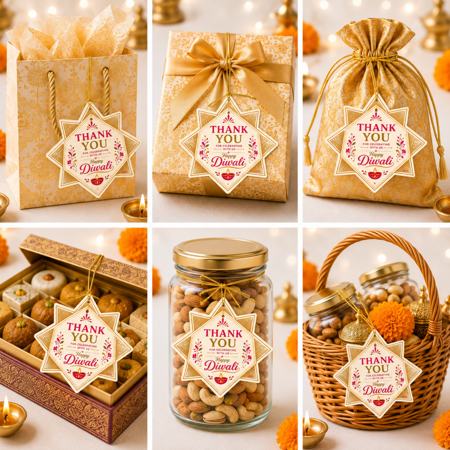 NYOTA Diwali Kaju Katri Gift Tags with Golden Thread