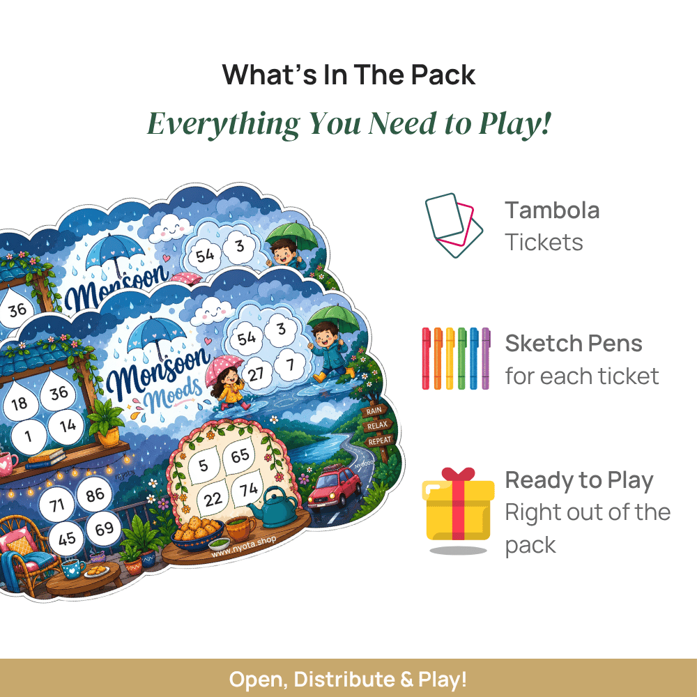 Monsoon Moods Tambola Tickets – Premium Rain Theme Housie Game Cards for Monsoon Party, Rainy Day Activities, Birthday, School & Family Gatherings