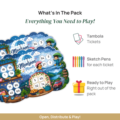 Monsoon Moods Tambola Tickets – Premium Rain Theme Housie Game Cards for Monsoon Party, Rainy Day Activities, Birthday, School & Family Gatherings