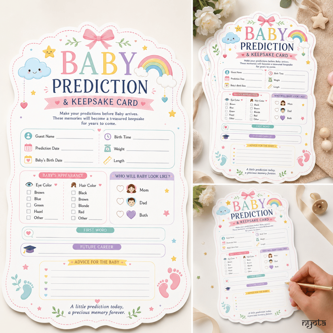 NYOTA Baby Prediction & Keepsake Cards for Baby Shower Game | Rainbow Pastel Baby Shower Guest Activity | Gender Neutral Baby Shower Party Game | Baby Advice & Prediction Cards | A5 Size